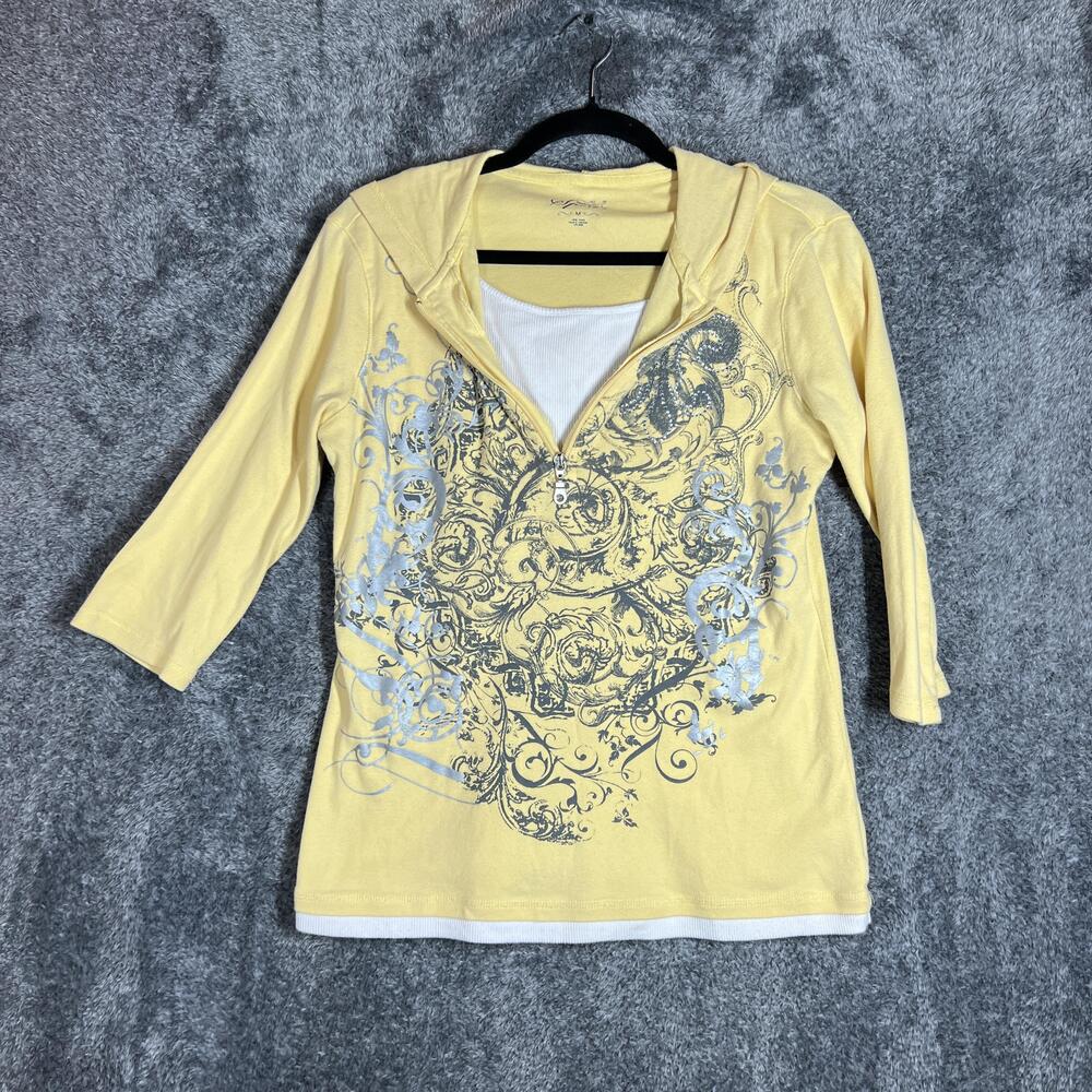 Style & Co. Shirt Womens M Yellow Tunic 3/4 Sleeve Hooded V-Neck Rhinestone Zip